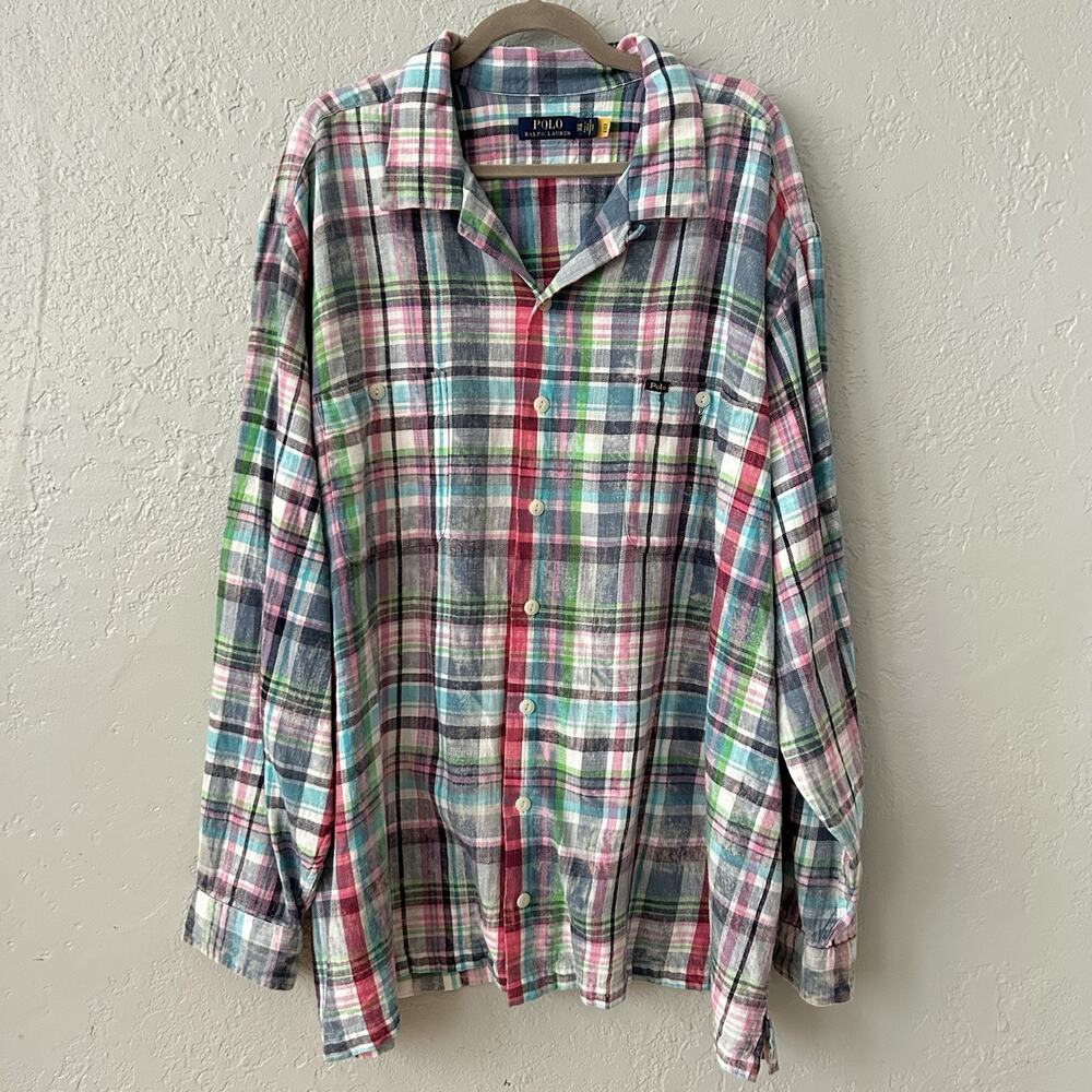 Polo Ralph Lauren 3XB Big Tall Plaid Flannel Shirt Distressed Faded Pink Blue